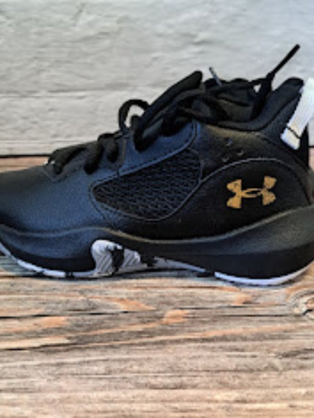 Under Armour Lockdown 6 Black white camo with gold Kids size 13K basketball shoe